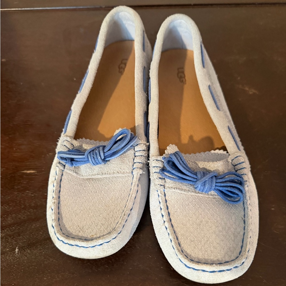 UGG Meena II Slip On Casual Leather Driving Moccasins Light Blue Comfort Sz 8.5